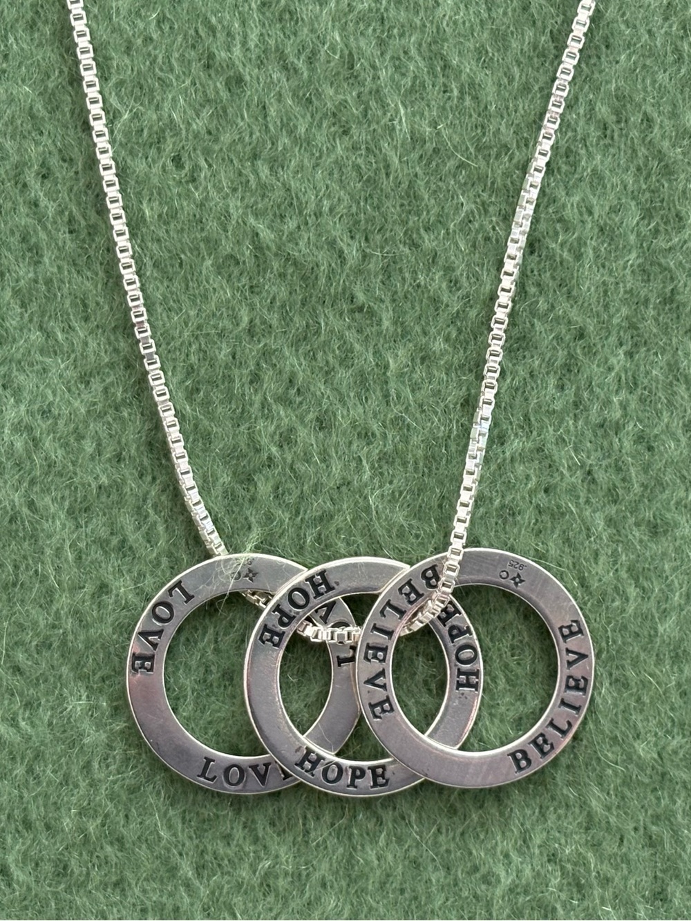 Sterling Silver 'Love Hope Believe' Disc Pendants with 21” Box Chain Necklace